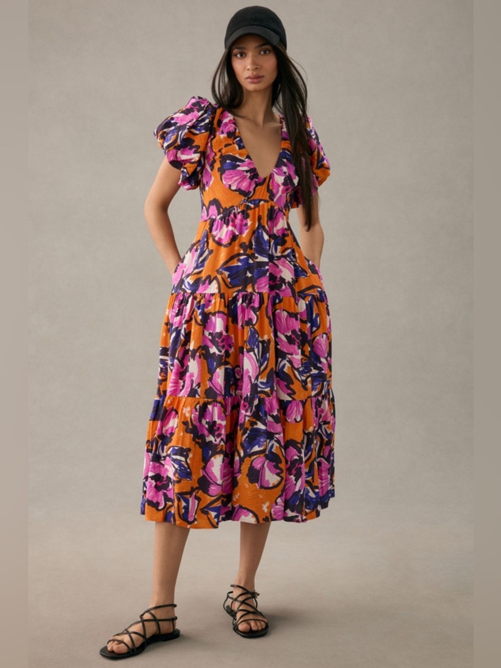 Anthropologie floral Puff-Sleeve Back Tie Dress